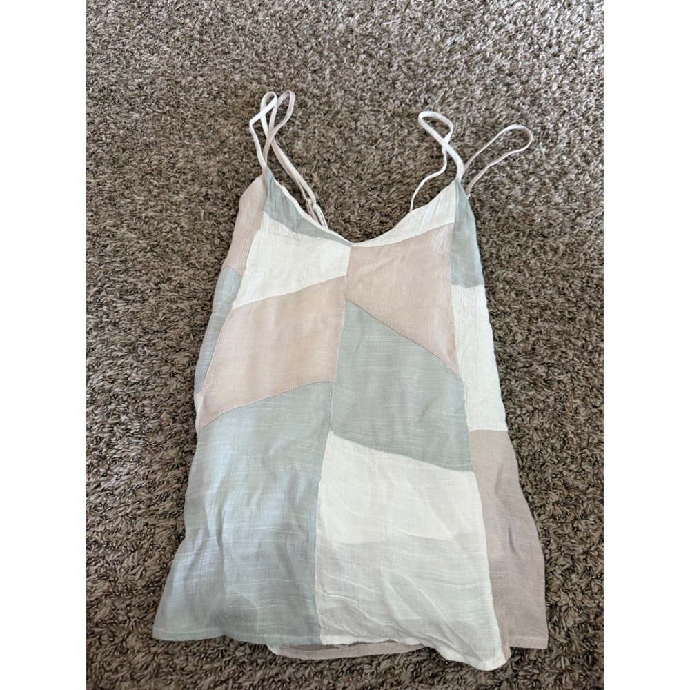 Red Dress Boutique Patchwork Cami Top Sage Green Cream Tan Lace Up Back Large